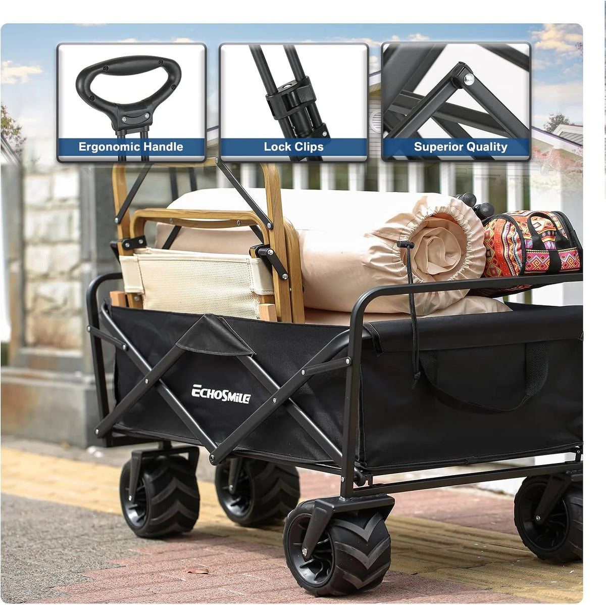 Heavy Duty 350 lb Capacity Foldable Caravan, Outdoor Folding Camping Caravan, Portable Grocery Cart, Adjustable Rolling Cart
