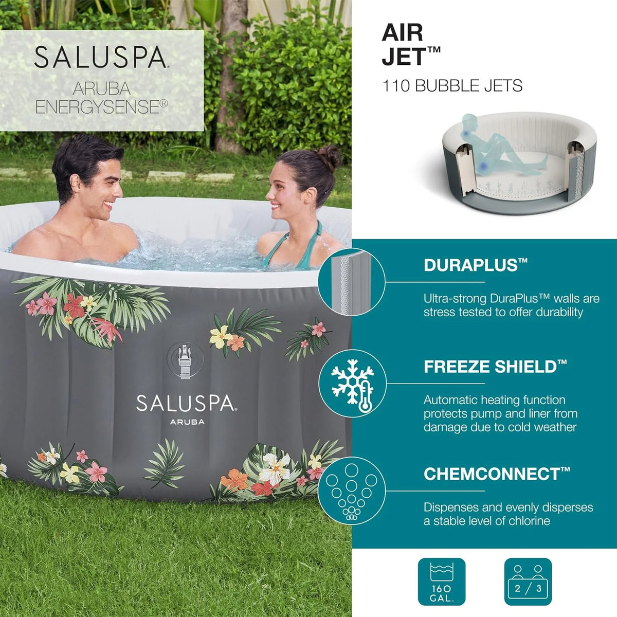 SaluSpa Aruba AirJet Large Round 2 to 3 Person Inflatable Hot Tub Portable Outdoor Spa with 110 AirJets and EnergySense Cover, Grey