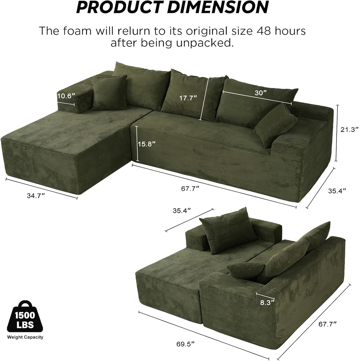 Cloud sofa with L-shaped lounge chair modern modular sofa with deep seats