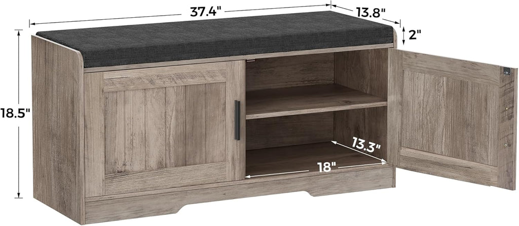 2-Tier Storage Bench, Shoe Bench with Thickened Padded Seat Cushion, Entryway Bench with 4 Doors, Adjustable Shelf