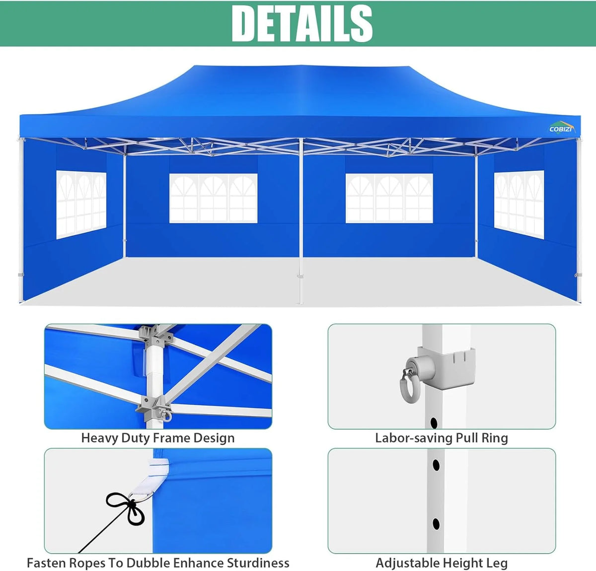 COBIZI 10x20 Heavy Duty Pop up Canopy Tent with 6 sidewalls Easy Up Commercial Outdoor Canopy Wedding Party Tents for Parties All Season Wind & Waterproof Gazebo with Roller Bag,Black(Frame Thickened)