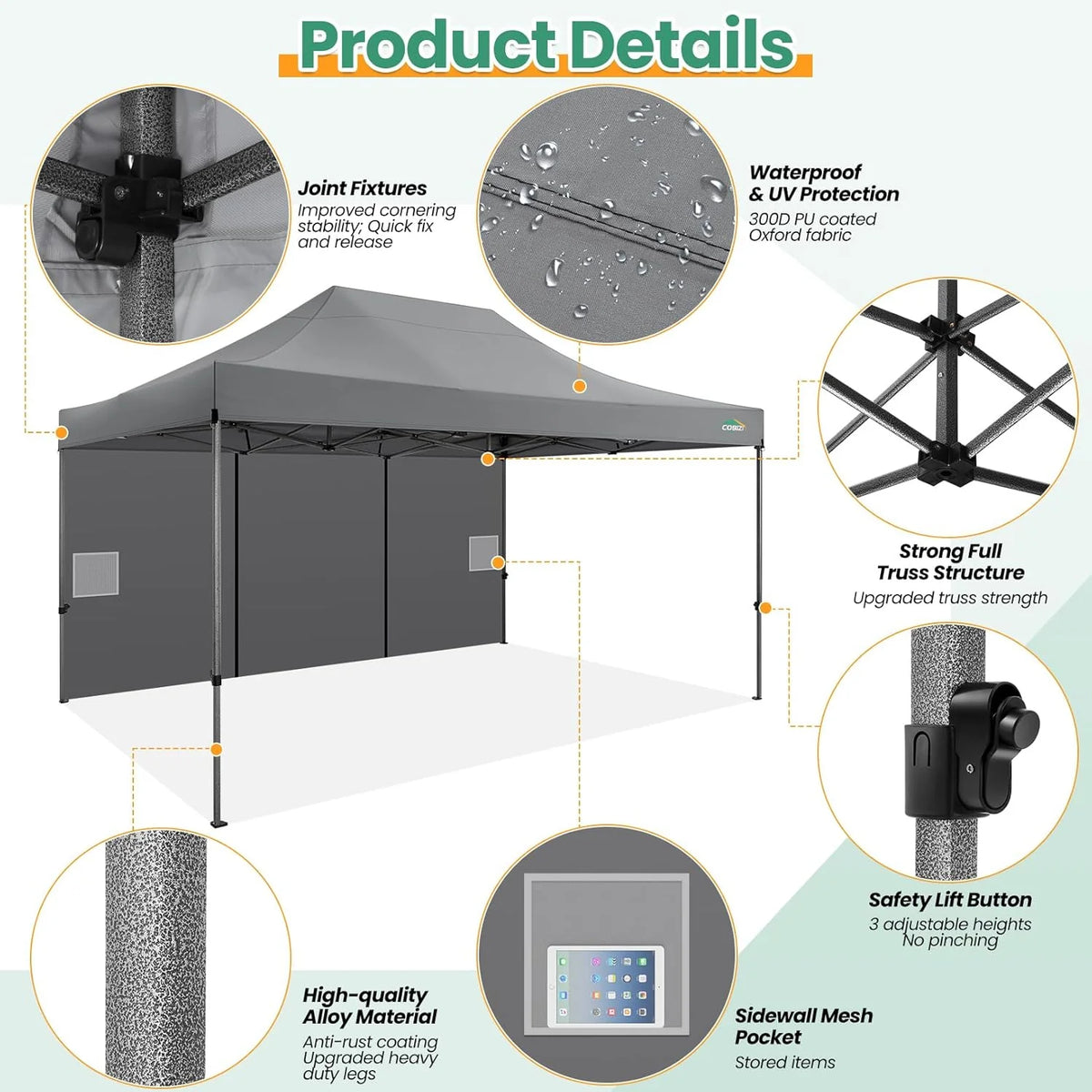 COBIZI 10x20 Heavy Duty Pop up Canopy Tent with 6 sidewalls Easy Up Commercial Outdoor Canopy Wedding Party Tents for Parties All Season Wind & Waterproof Gazebo with Roller Bag,Black(Frame Thickened)