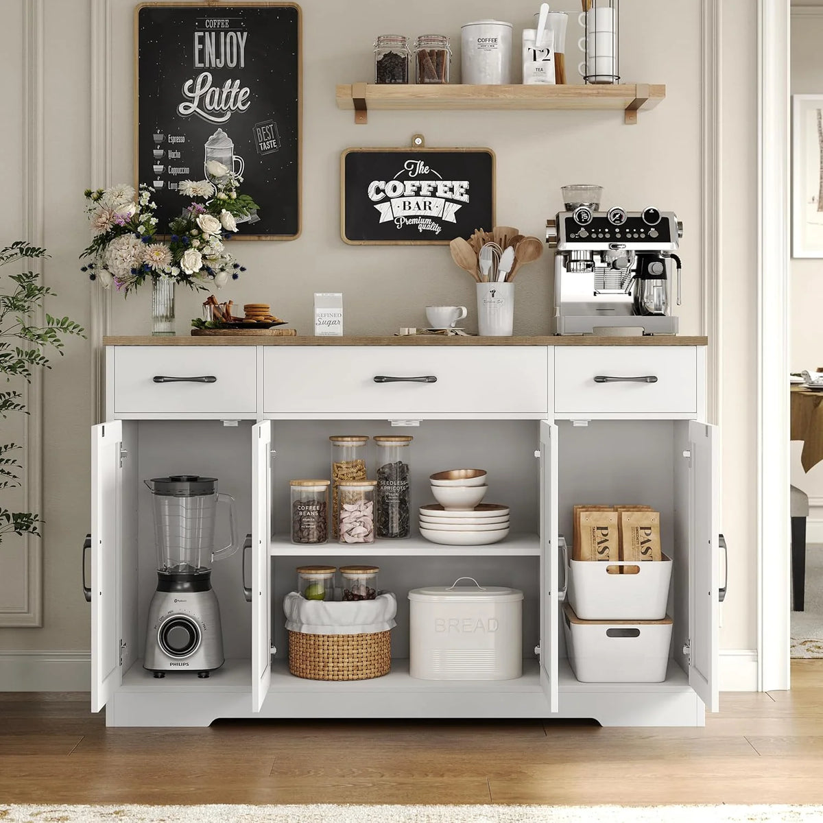 HOSTACK Buffet Cabinet with Drawers, 55 Large Sideboard Buffet Storage Cabinet with Shelves and Doors, Modern Farmhouse Coffee Bar Station Wood Kitchen Table for Kitchen, Dining Room, White/Rustic