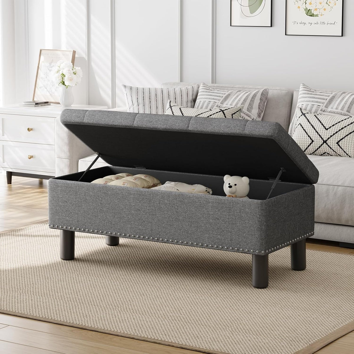 Furniliving Modern Storage Ottoman Bench, Sherpa Ottoman End of Bed Bench with Solid Wood Legs Upholstered Ottoman Benches with Storage Indoor Bench