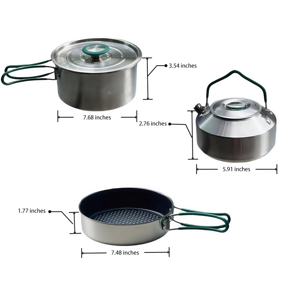 Stainless Steel Camping Cookware Set with Frying Pan Saucepan and Kettle Foldable Handles