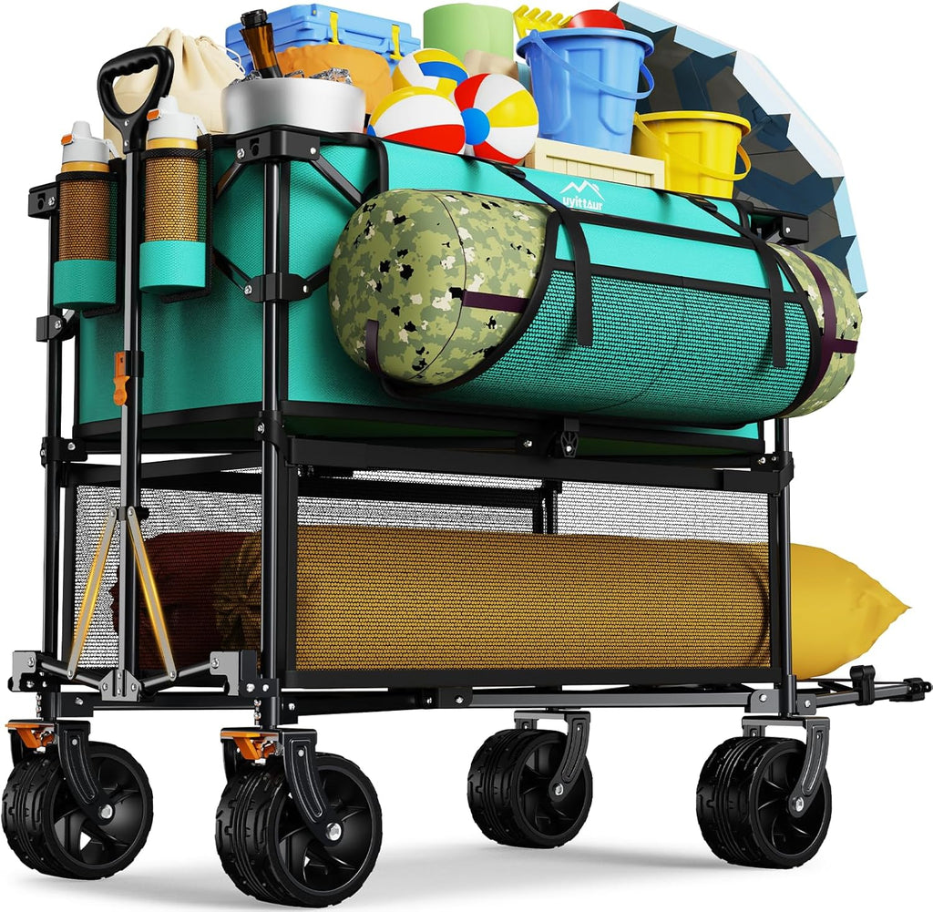 Foldable 50''L Extra Long Double Decker Wagon for Sport, 400L Collapsible Heavy Duty Wagon Cart with Big Wheels, Utility All-Terrain Large Extender Cart for Outdoors