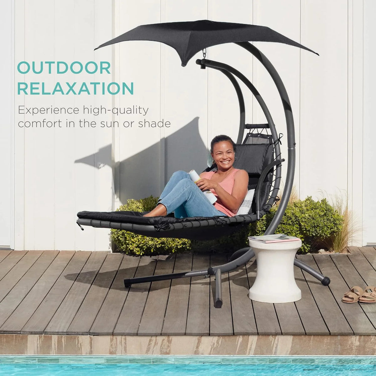 Best Choice Products Outdoor Hanging Curved Steel Chaise Lounge Chair Swing w/Built-in Pillow and Removable Canopy - Charcoal Gray