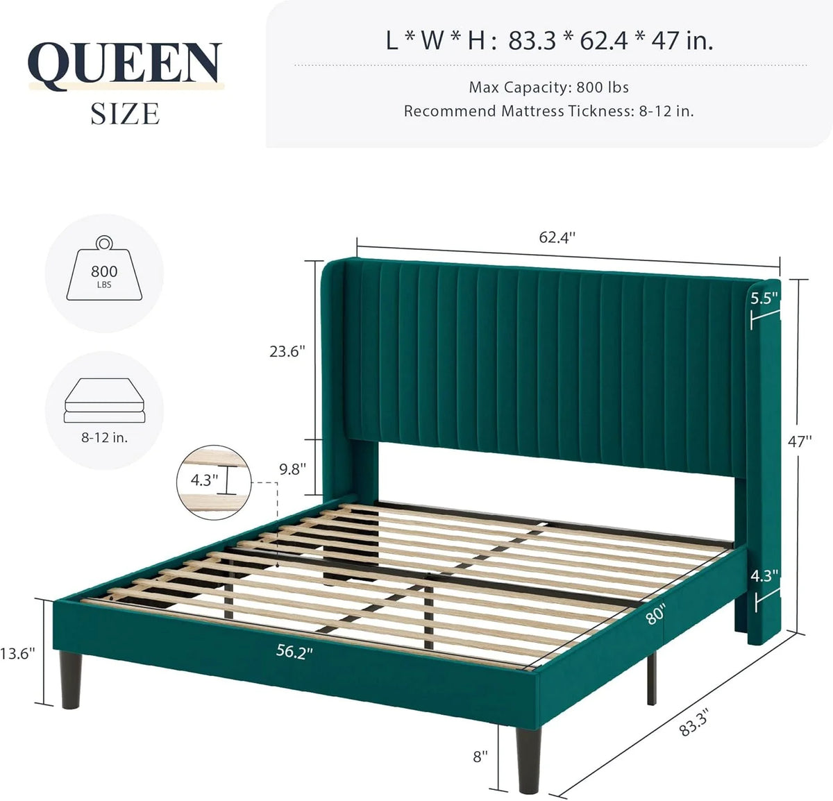 Allewie Full Size Velvet Bed Frame Vertical Channel Tufted Wingback Headboard Upholstered Bed