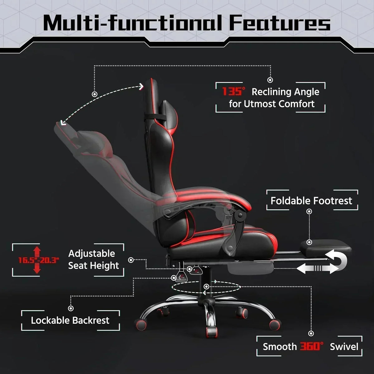 Gaming Chair with Massage Lumbar Support and Footrest Height Office Gaming Chair