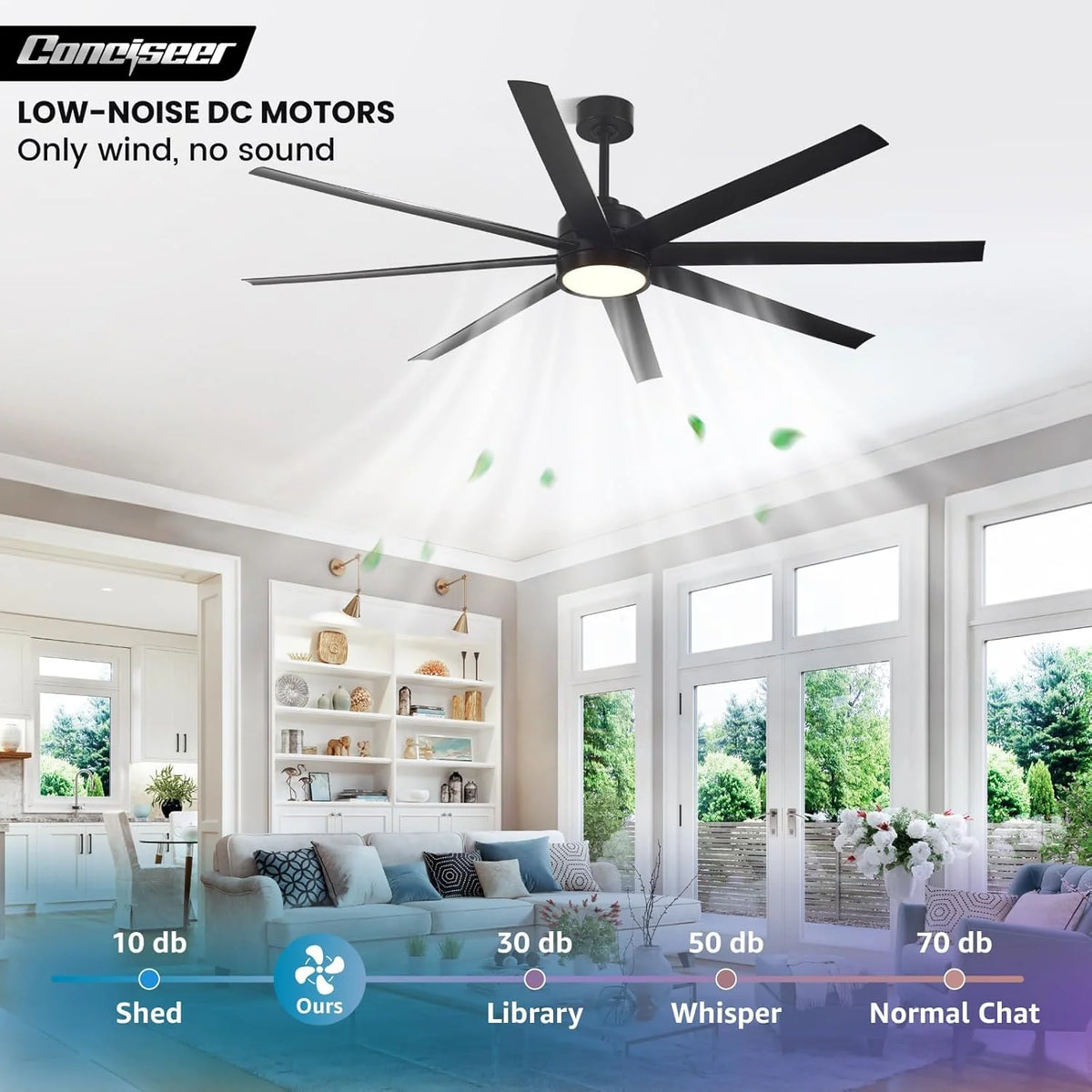 Modern Ceiling Fans with Lights, 72 Inch Ceiling Fan with Light and Remote, Bedroom Living Room Library Cafe Outdoor/Industrial,24W 3CCT Dimmable, 8 Blades 6 Speed Reversible Quiet DC Motor, Black