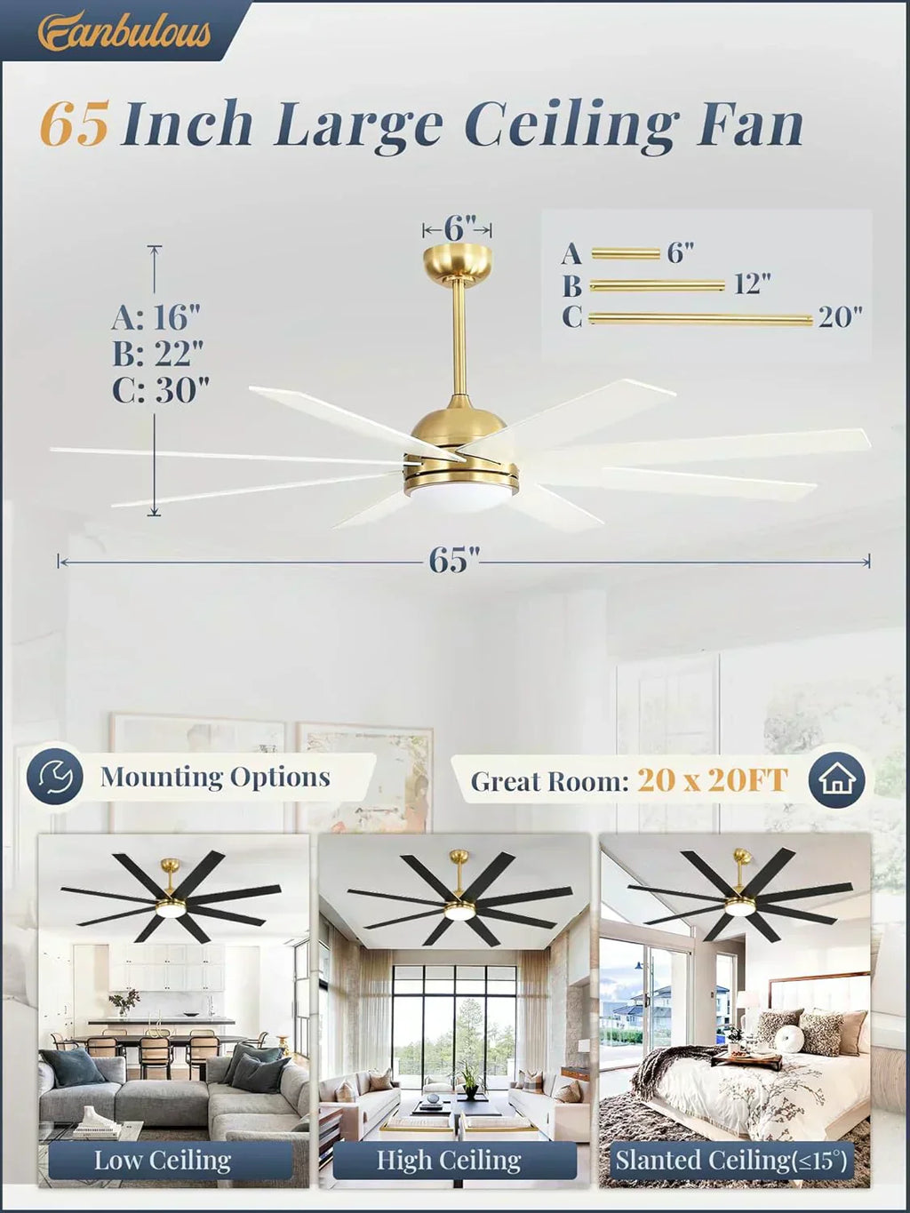 Ceiling Fan Indoor/Outdoor 8 Blades 65 inches