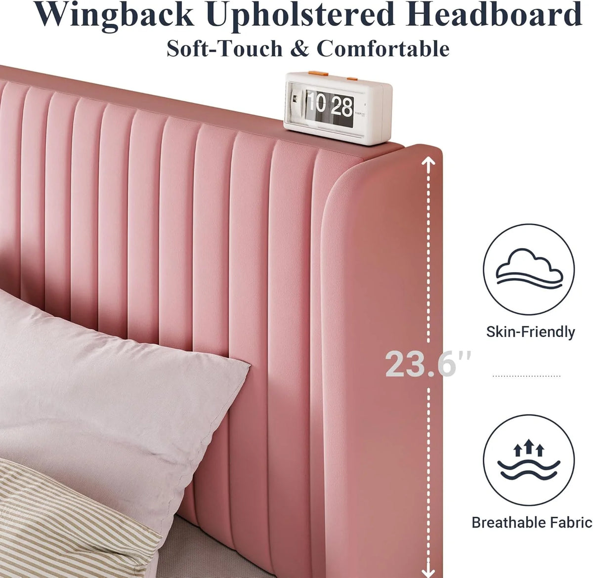 Allewie Full Size Velvet Bed Frame Vertical Channel Tufted Wingback Headboard Upholstered Bed