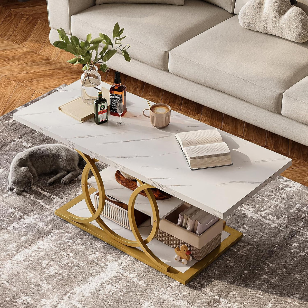 GiftGo Rustic Style Coffee Table Storage Industrial Style Three Tier Centerpiece Living Room Table