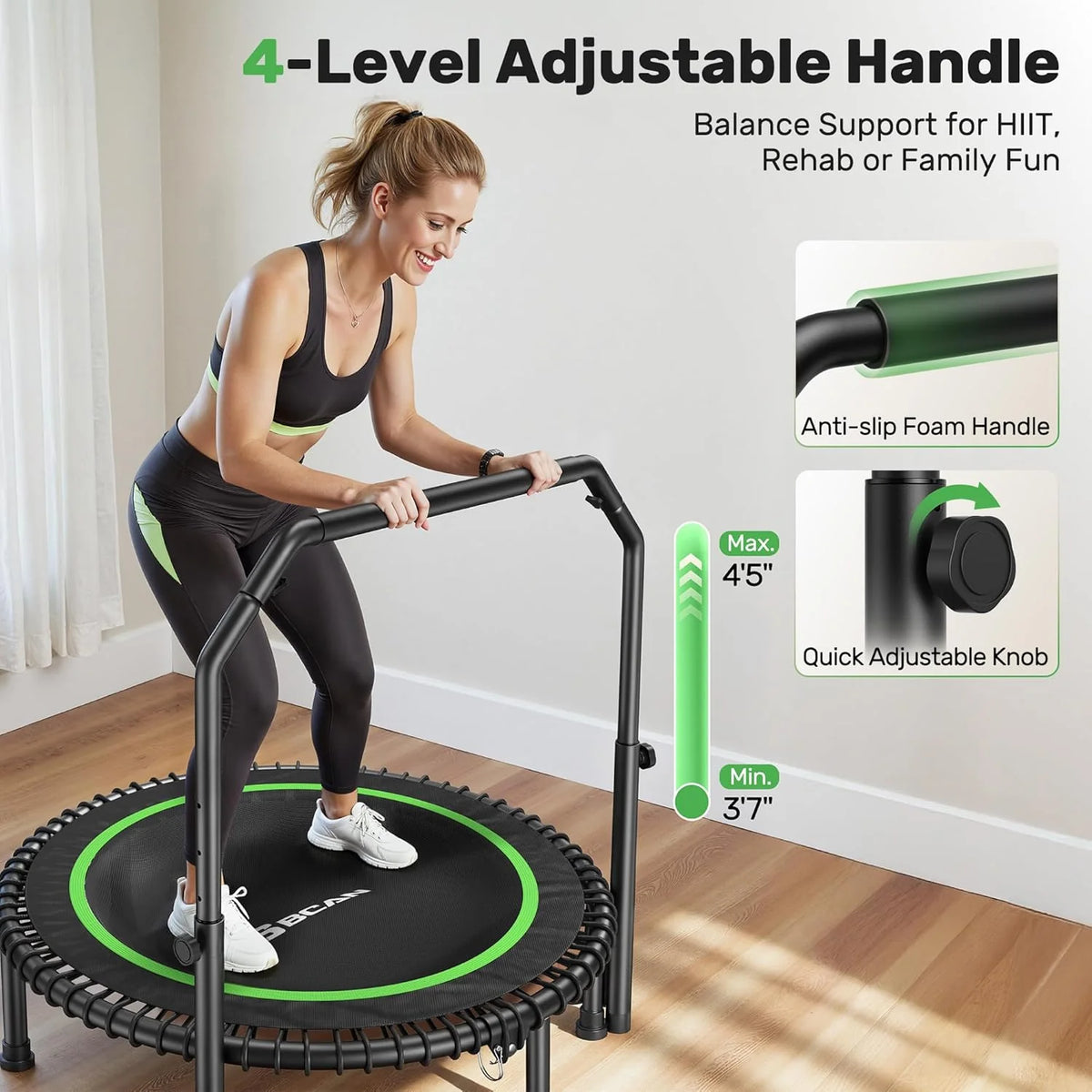 BCAN 450/550 LBS Foldable Mini Trampoline, 40/48 Fitness Trampoline with Bungees, U Shape Adjustable Foam Handle, Stable & Quiet Exercise Rebounder for Adults Indoor/Outdoor Workout