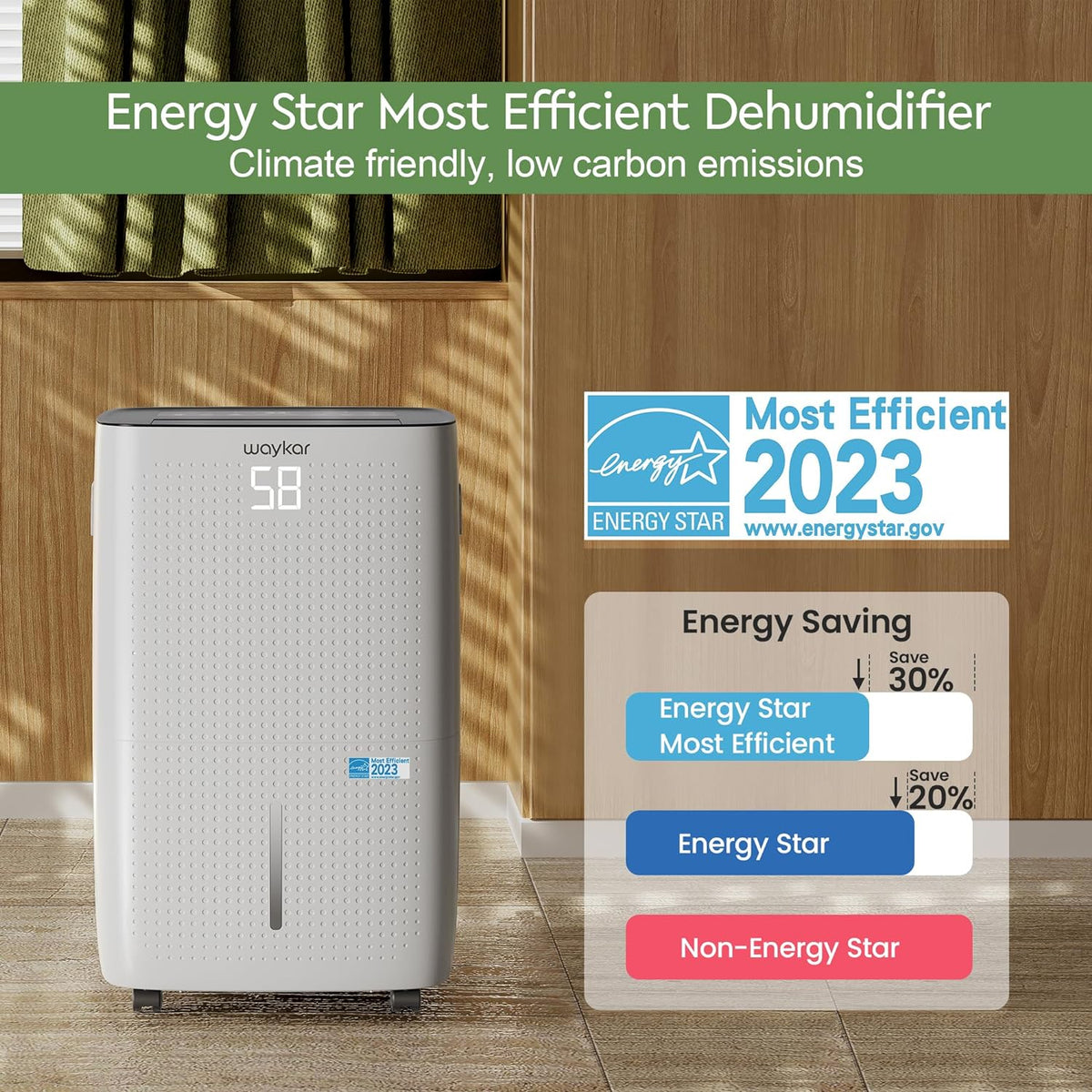 Waykar 2000 Sq. Ft Dehumidifier for Home and Basements, with Auto or Manual Drainage, 0.66 Gallon Water Tank Capacity