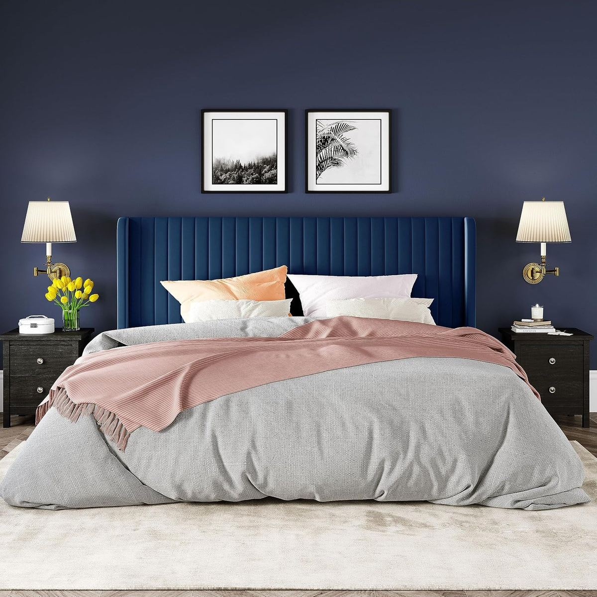 Allewie Full Size Velvet Bed Frame Vertical Channel Tufted Wingback Headboard Upholstered Bed