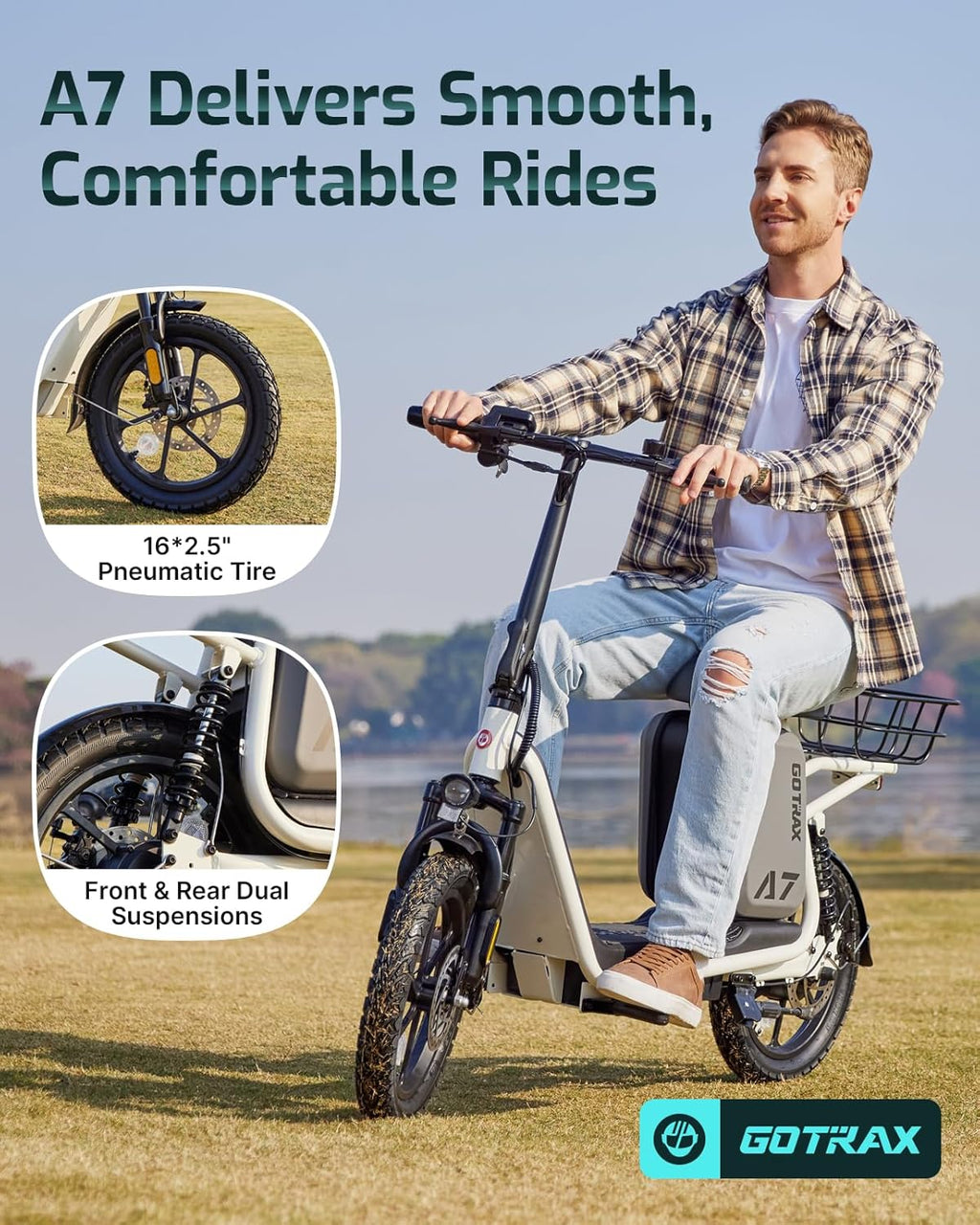 Gotrax adult electric scooter with seat maximum range of 19-25 miles all-terrain tires wide pedals