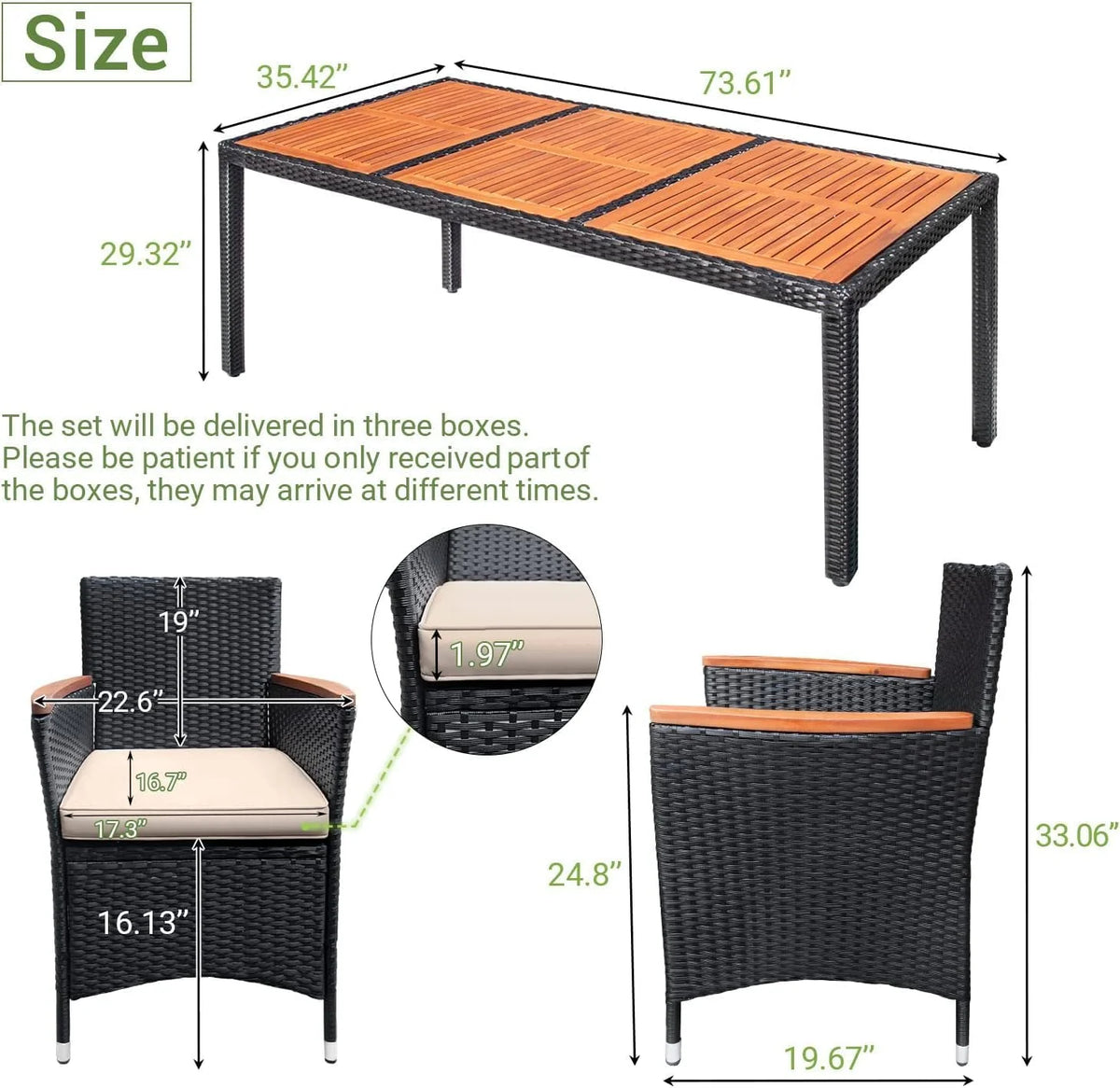 Devoko Dining 7 PCS Furniture, Patio Conversation Set with Acacia Wood Table Top, Rattan Outdoor, Black