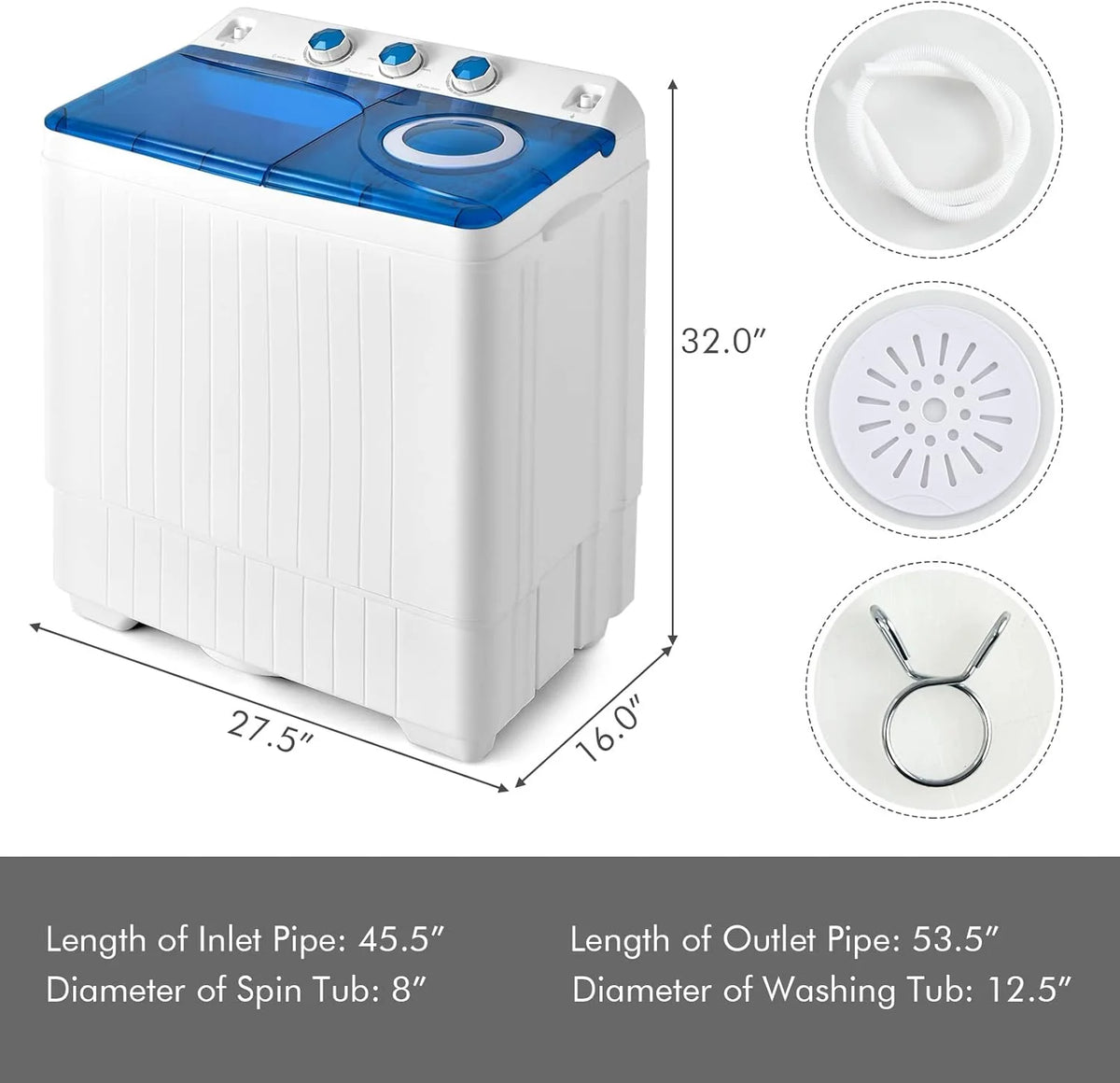 COSTWAY Double Tub 26 lb Capacity Laundry 18 lb 8 lb Spin Combo with Timer Knob Built-in Drain Pump Small Portable Washing Machine