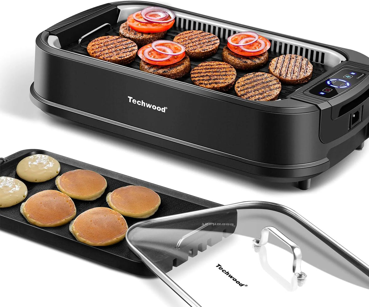 Indoor Smokeless Grill, Techwood 1500W Electric Indoor Grill with Tempered Glass Lid, Portable Non-stick BBQ Korean, Turbo Smoke Extractor Technology, Drip Tray& Double Removable Plate, Black