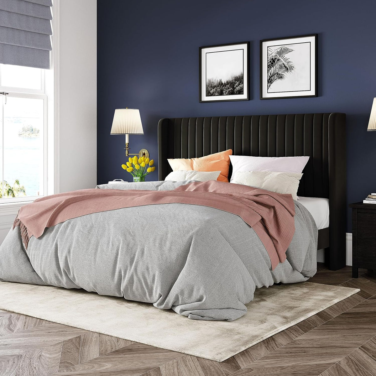 Allewie Full Size Velvet Bed Frame Vertical Channel Tufted Wingback Headboard Upholstered Bed