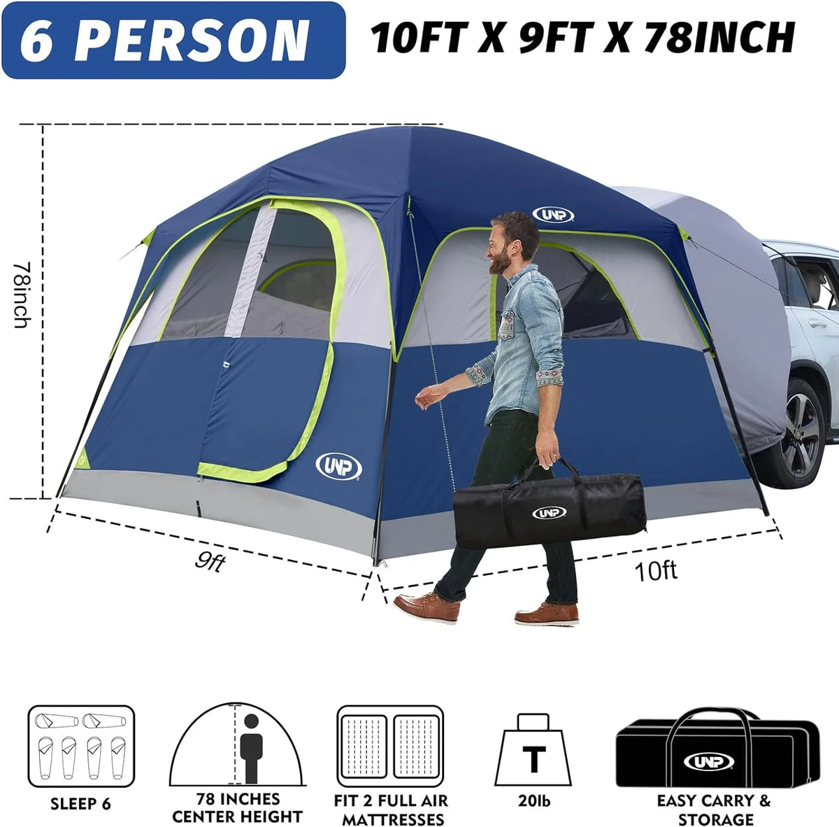SUV Tent for Camping, 6-Person SUV Tailgate Tent - Easy Set Up with Rainfly, 10'x9'x78in(H)