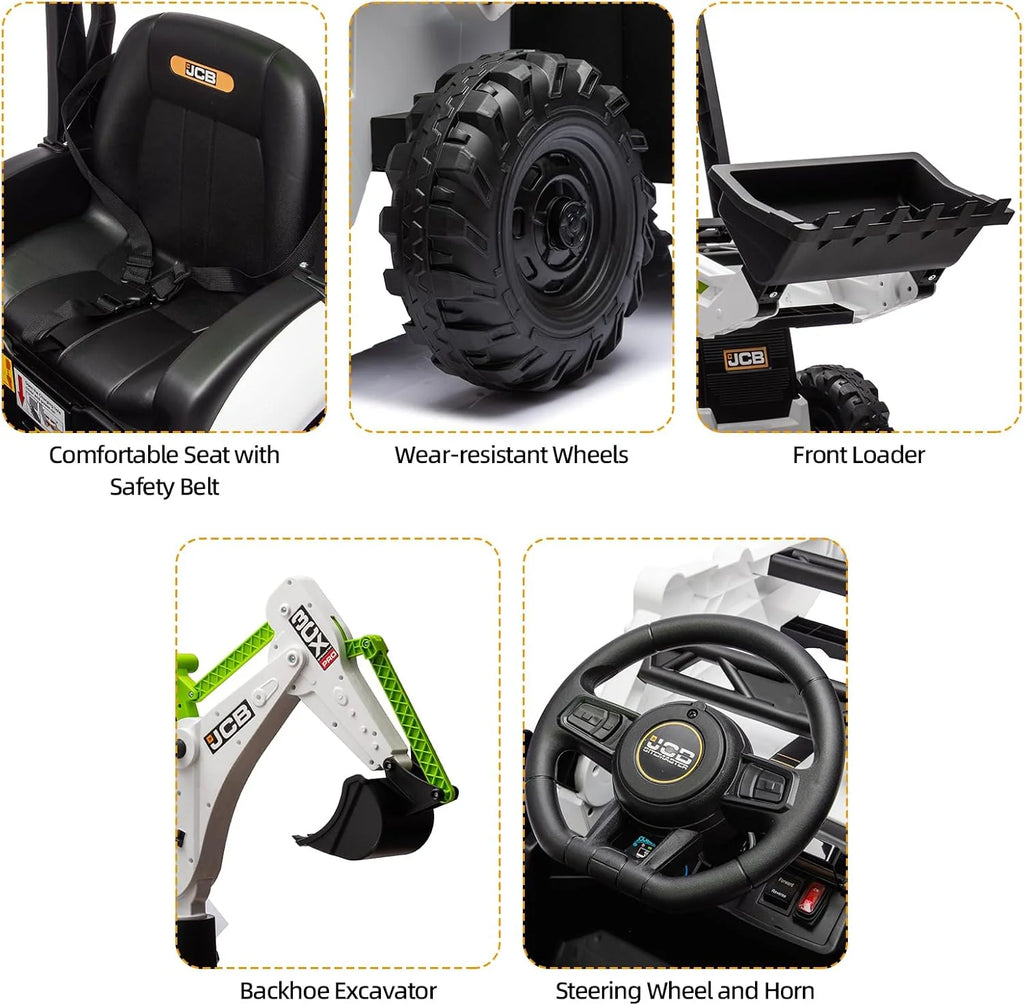 12V JCB Ride On Excavator, Ride on Toys for Kids 4-8, Electric Car for Kids with Tractor, Bulldozer, Digging Arm, Backhoe Toy Car with Slow Start/Stop, Adjustable Speeds