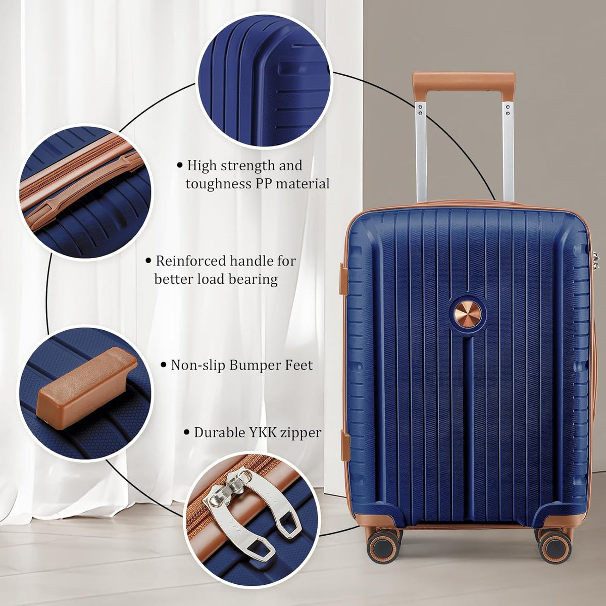 5-piece PP hardshell lightweight travel carry-on luggage set with dual spinner wheels and TSA lock
