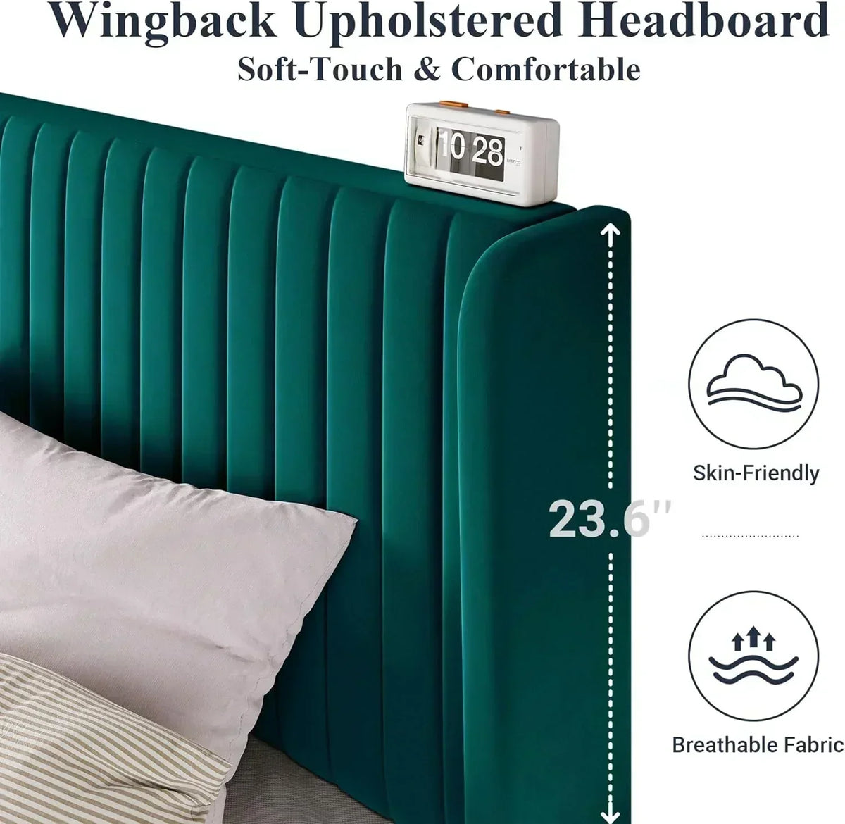 Allewie Full Size Velvet Bed Frame Vertical Channel Tufted Wingback Headboard Upholstered Bed