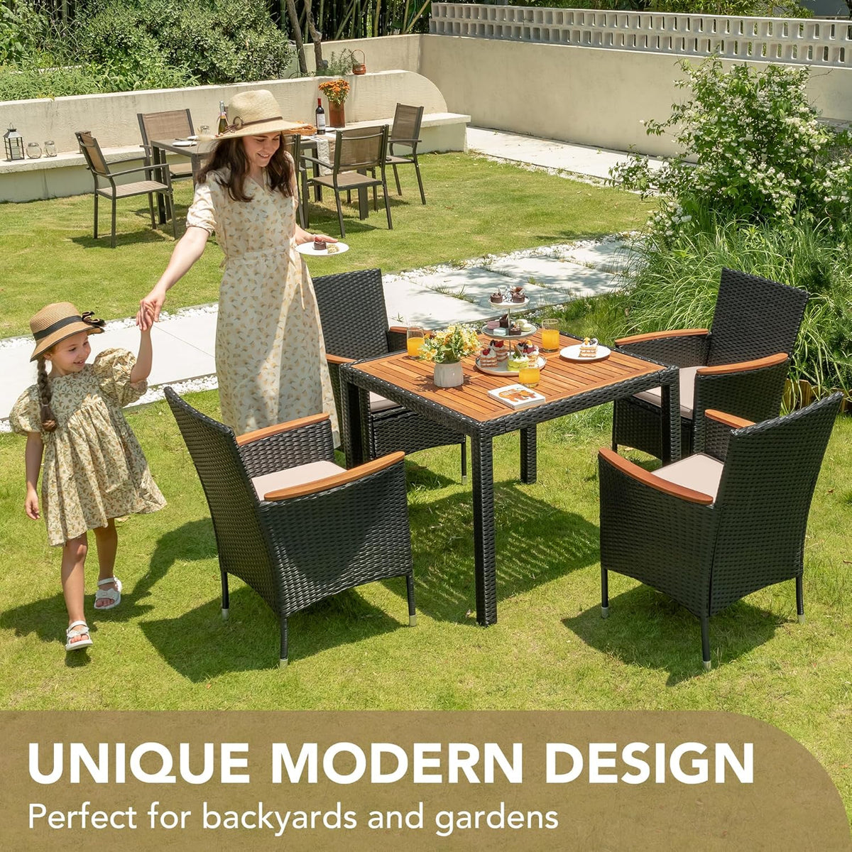 Devoko Dining 7 PCS Furniture Patio Conversation Set with Acacia Wood Table Top Rattan Outdoor