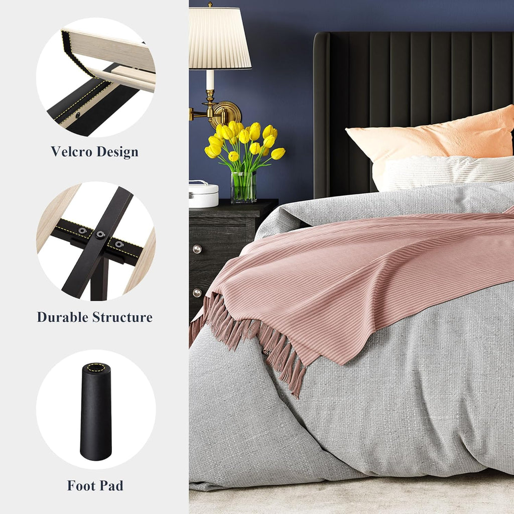 Allewie Full Size Velvet Bed Frame Vertical Channel Tufted Wingback Headboard Upholstered Bed