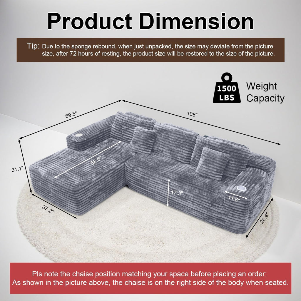 Cloud Sectional Couch with L Shape Chaise Modern Modular Sofa with Deep Seat Built in Cup Holder