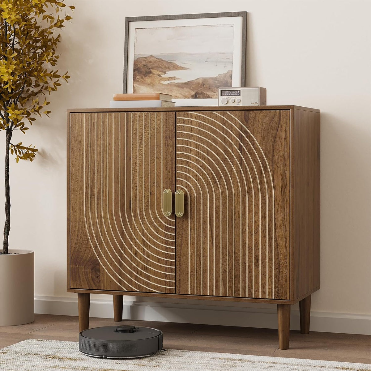Walnut sideboard, freestanding dining cabinet with cable channel design, wooden storage cabinet with adjustable shelves