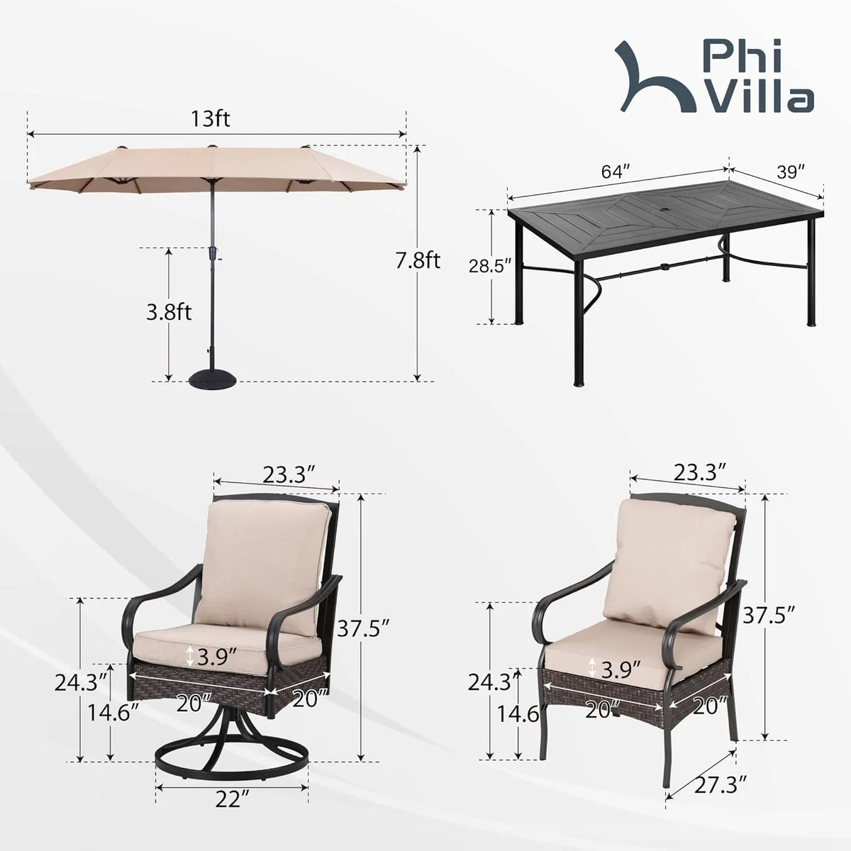 PHI VILLA 6-Piece Outdoor Dining Sets, All-Weather Patio Table and Chairs Set with Umbrella for 4, Heavy Duty Patio Round Table Set for Deck, 4 Extra Large Outdoor Swivel Chairs with Thick Cushions