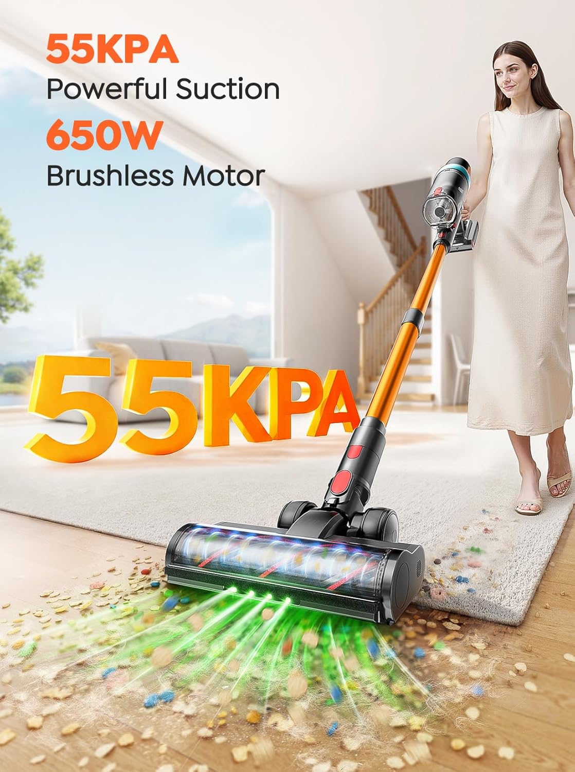 Cordless Vacuum Cleaner, 650W 55KPA 70Mins Vacuum Cleaners for Home, Upgraded Stick Vacuum with 3.3Ft Extendable Hose, LED Touch Screen, Wall Charging Station, Auto Mode for Carpet Pet Hair Hard Floor
