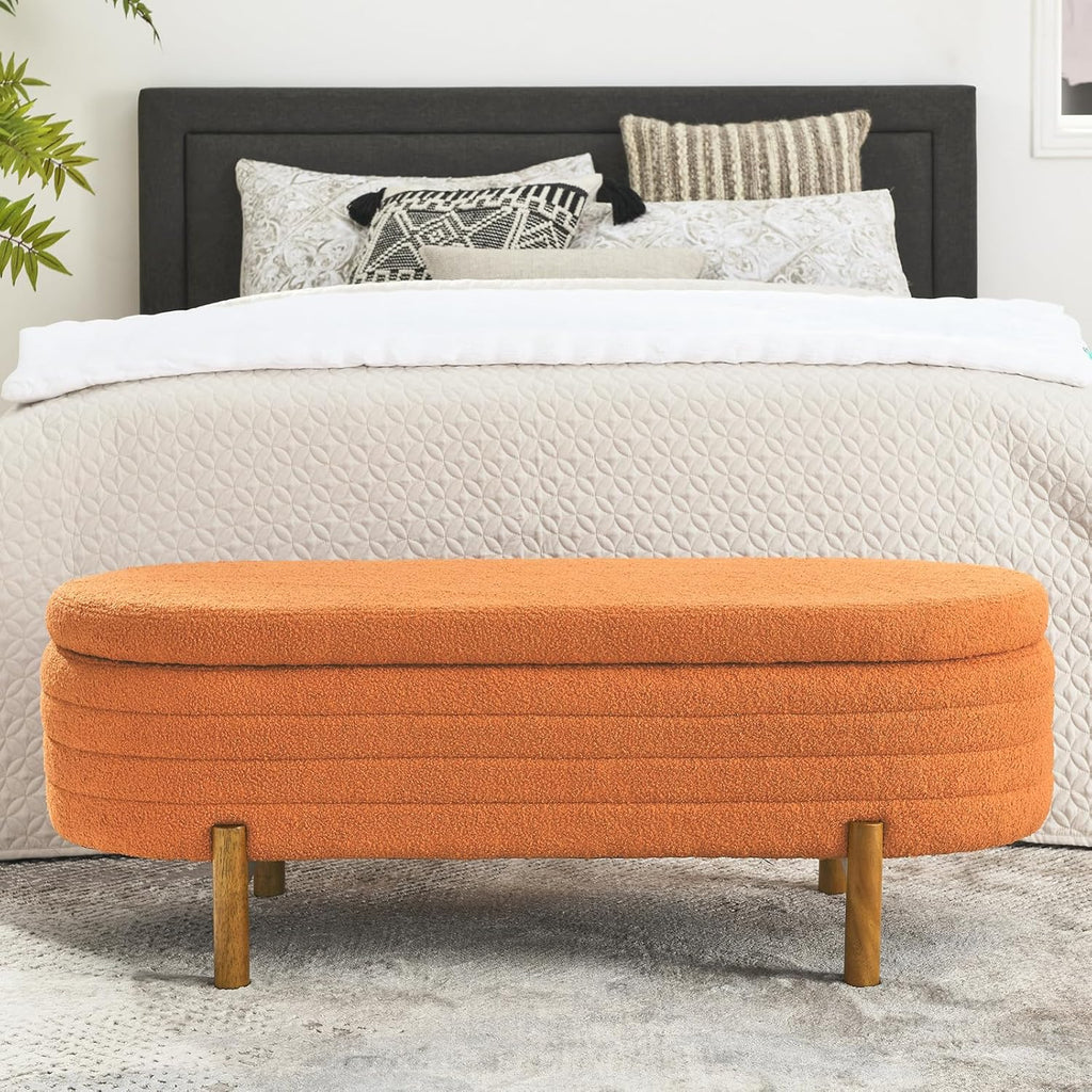 Furniliving Modern Storage Ottoman Bench, Sherpa Ottoman End of Bed Bench with Solid Wood Legs Upholstered Ottoman Benches with Storage Indoor Bench