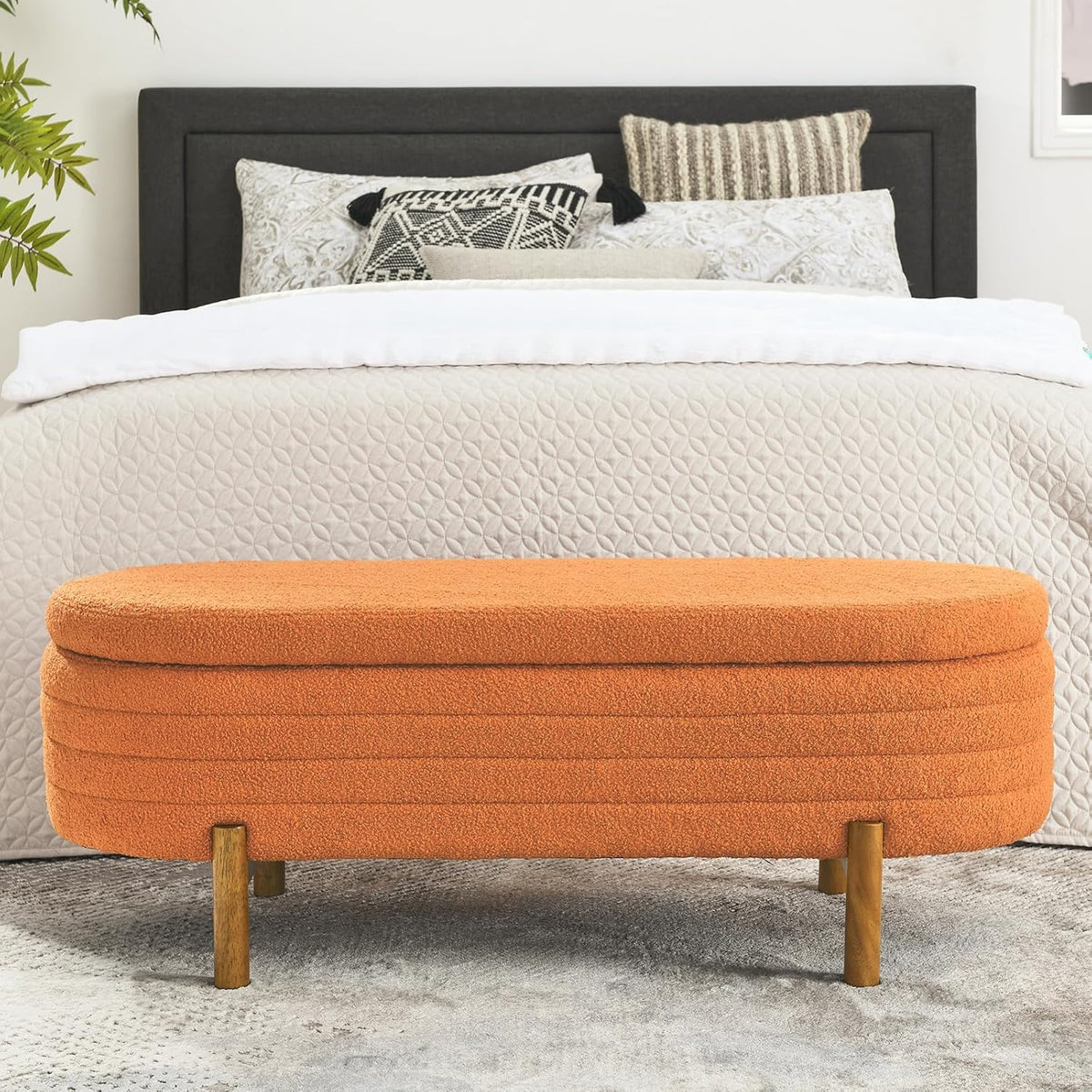 Furniliving Modern Storage Ottoman Bench, Sherpa Ottoman End of Bed Bench with Solid Wood Legs Upholstered Ottoman Benches with Storage Indoor Bench