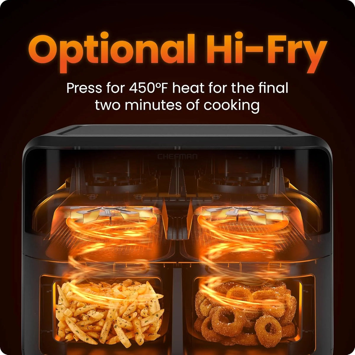 Chefman 6-Quart Double Basket Air Fryer with Easy View Window uses two separate 3-quart nonstick pans.