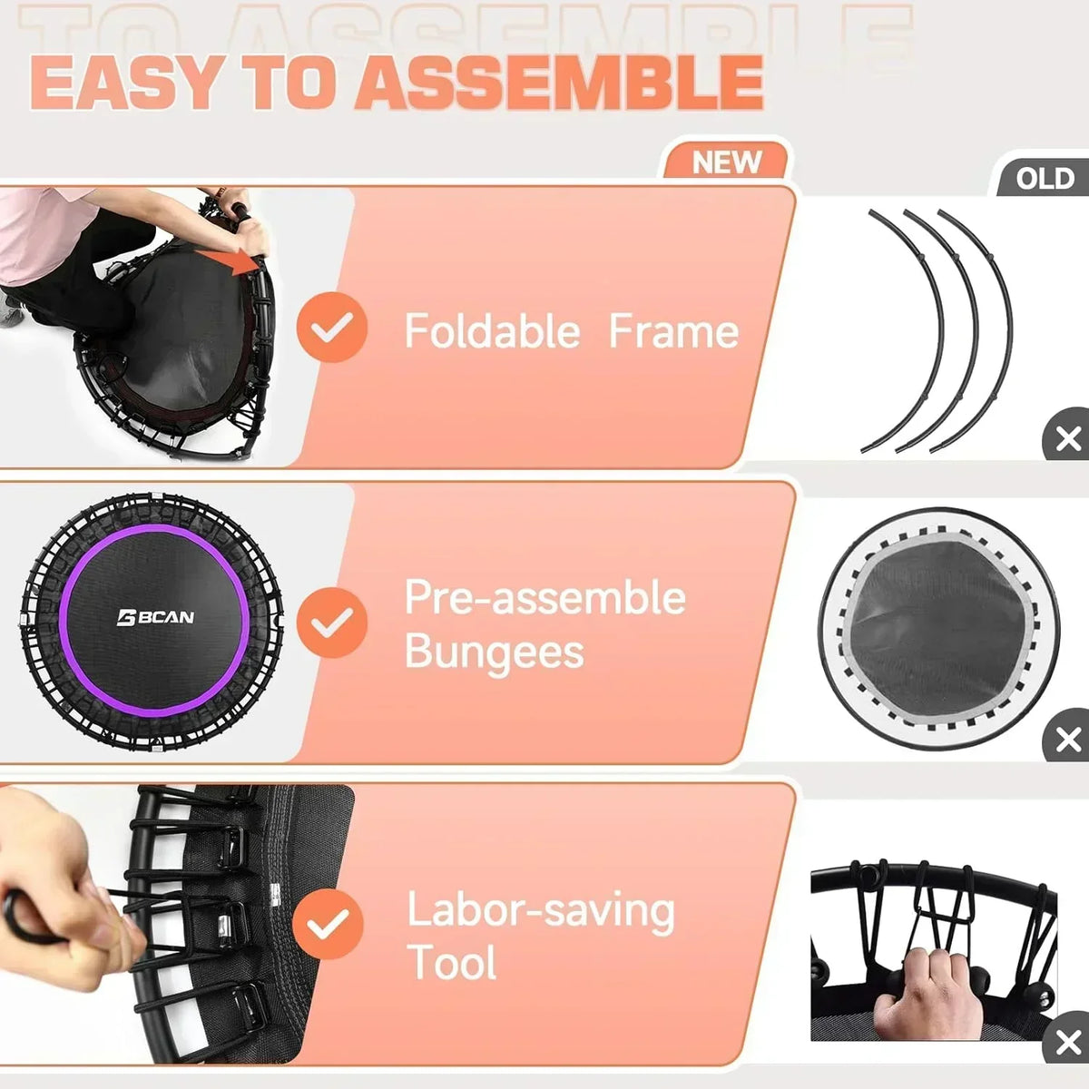 BCAN 450/550 LBS Foldable Mini Trampoline Fitness Trampoline Bungees Adjustable Foam Handle