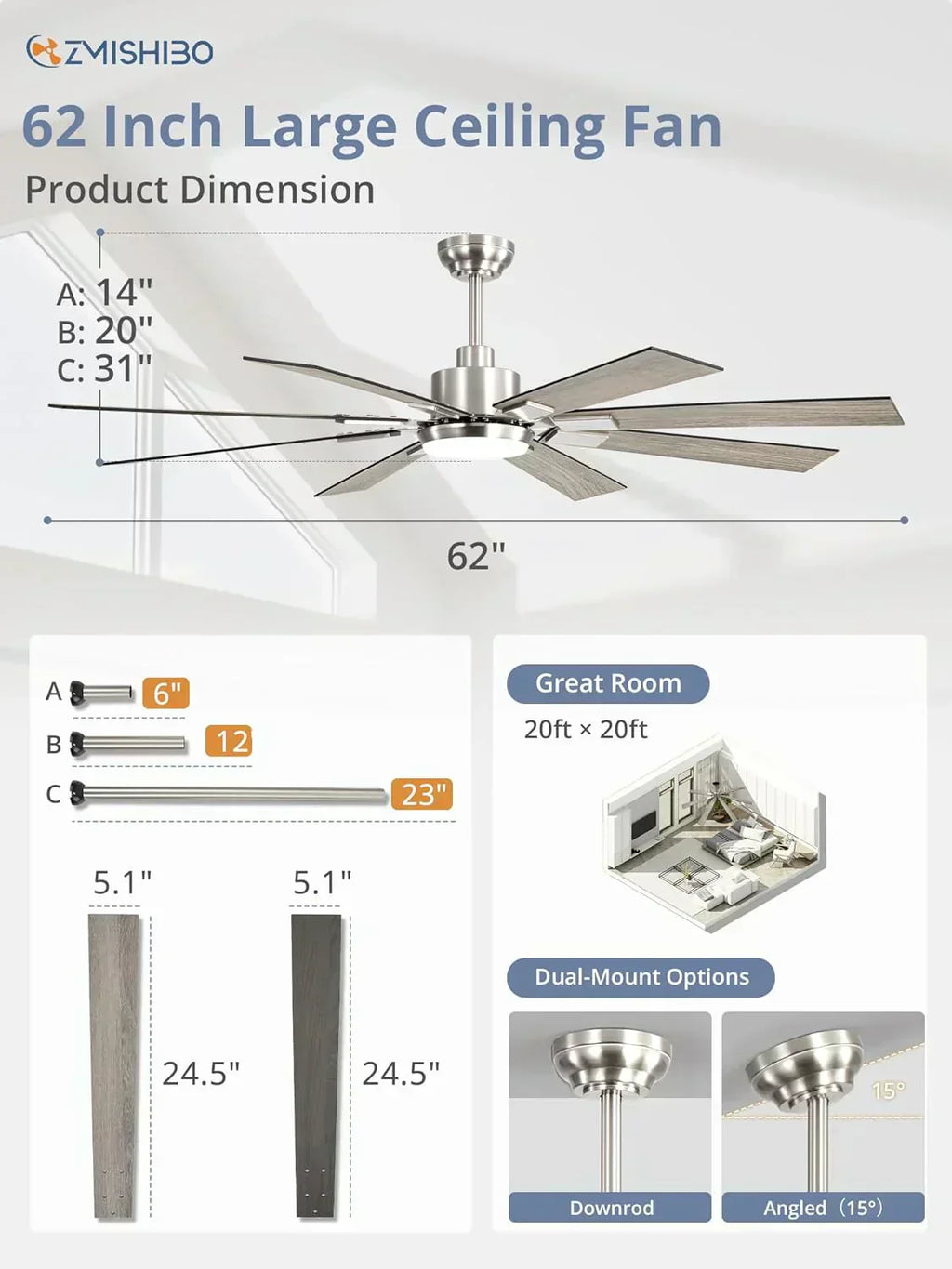Zmishibo 72-inch large ceiling fan with lighting and remote indoor/outdoor