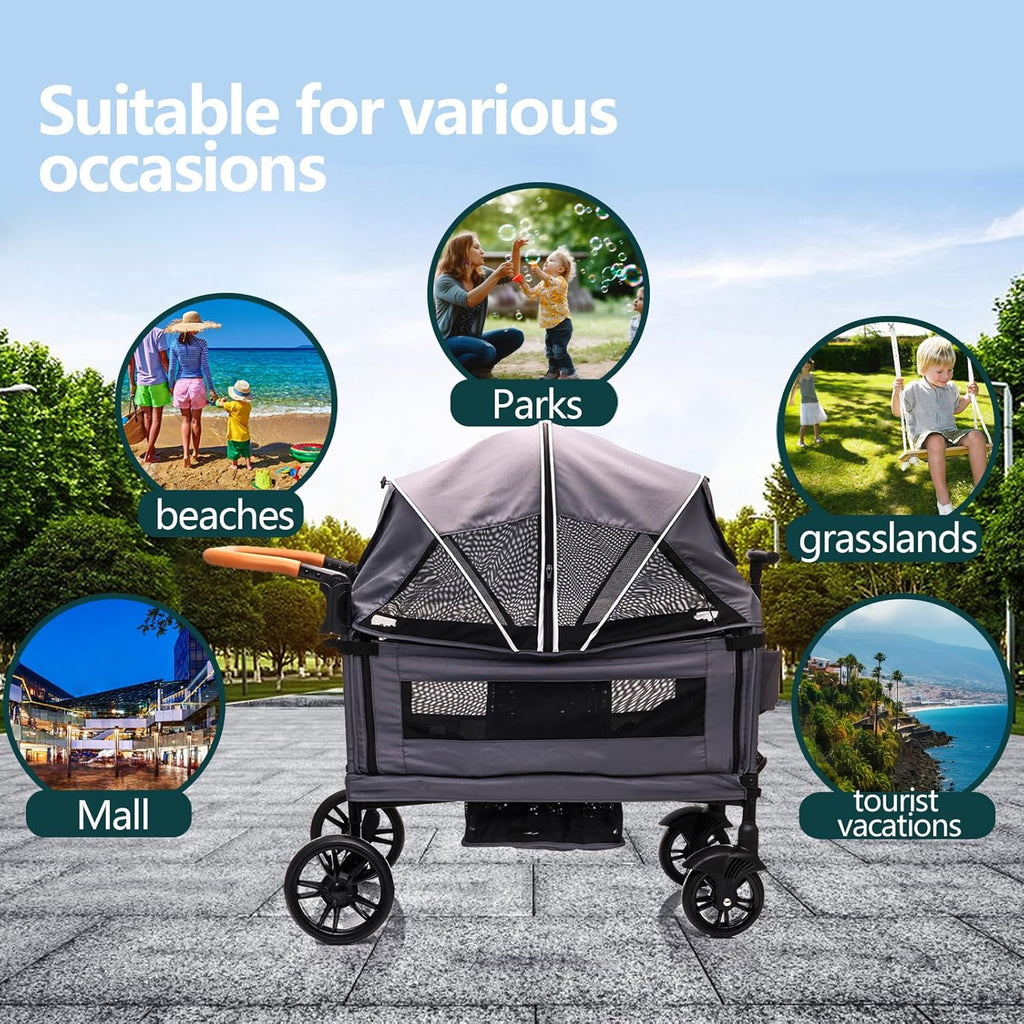 Wagon Stroller for 2 Kids & Cargo-Travel Stroller Push-Pull Double Wagon Lightweight Folding Stroller for Newborn&Toddler with 5-Point Harness,Adjustable Handle Bar and Canopy,Tray Table,Cup Holder