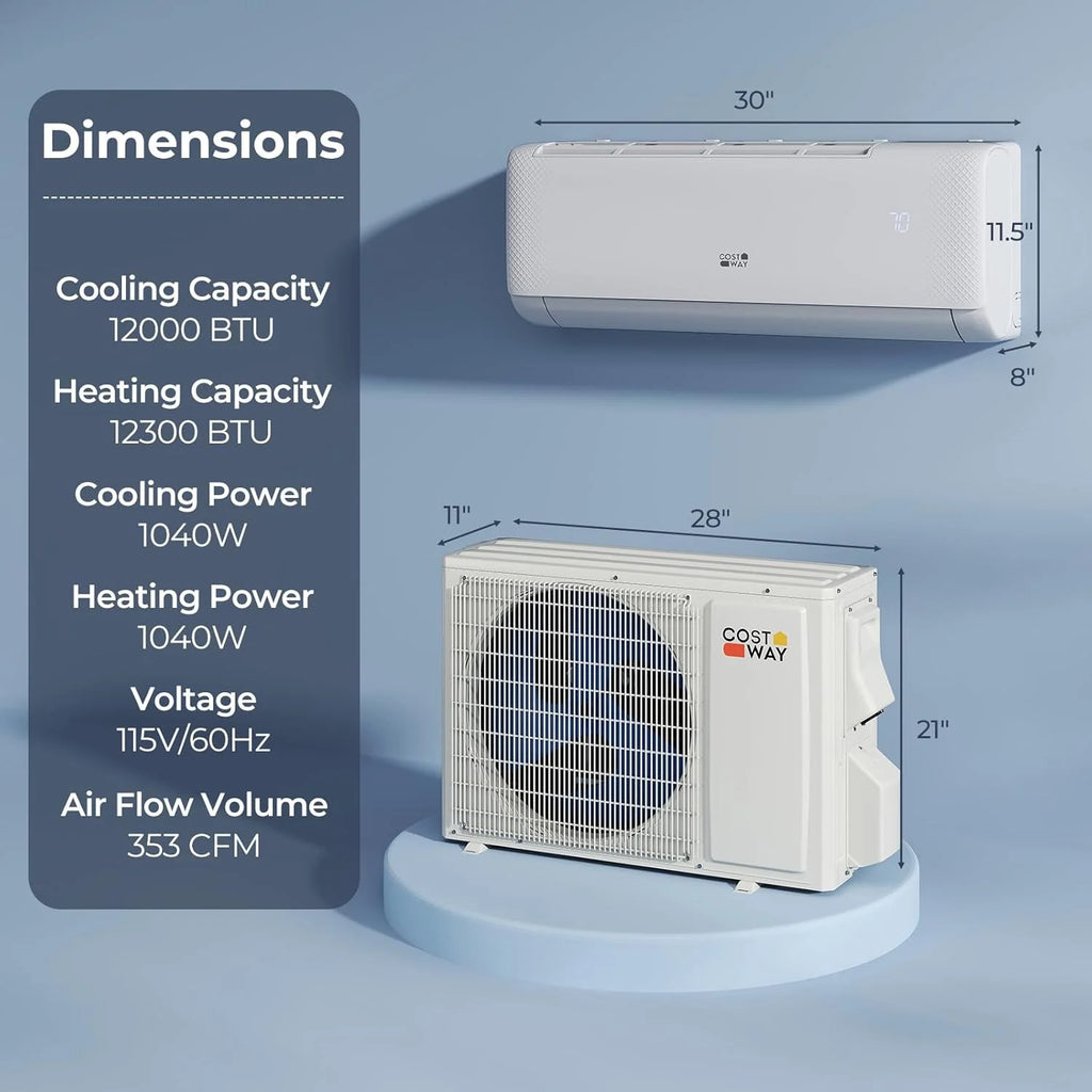 COSTWAY 12000BTU Mini Split Air Conditioner& Heater, 20 SEER2 115V Wall-Mounted Ductless AC Unit Cools Rooms up to 750 Sq. Ft, Energy Efficient Inverter AC with Heat Pump (Blast Series)