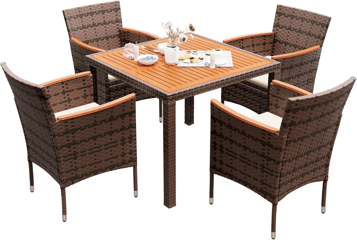Devoko Dining 7 PCS Furniture, Patio Conversation Set with Acacia Wood Table Top, Rattan Outdoor, Black
