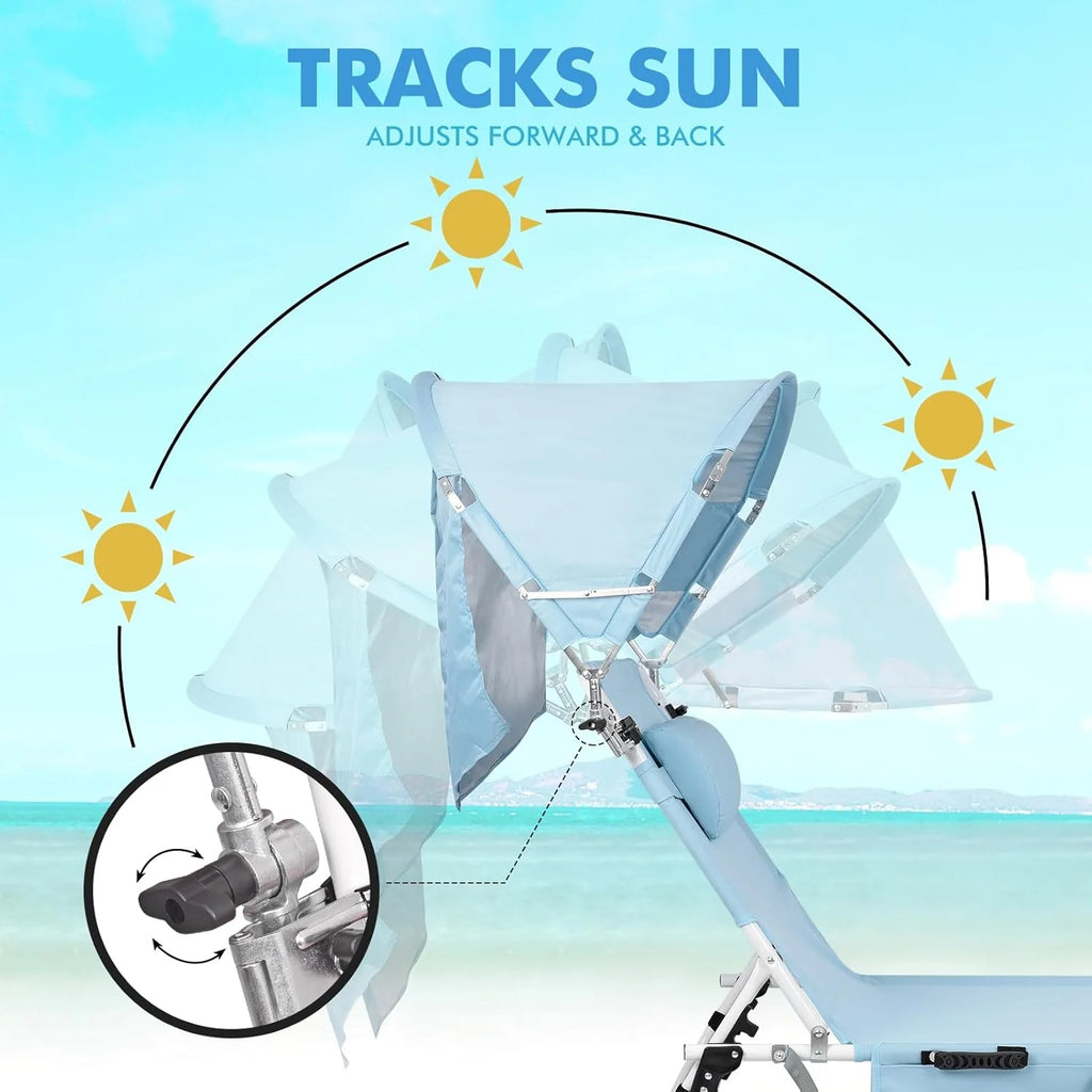 Tanning Chair with Sun Canopy Face Hole, Heavy Duty Folding Chaise Lounge Chair 5 Position Reclining for Adults Outside Reading Sunbathing Poolside Camping Beach, UPF 50+ Sun Shade, 300 LBS