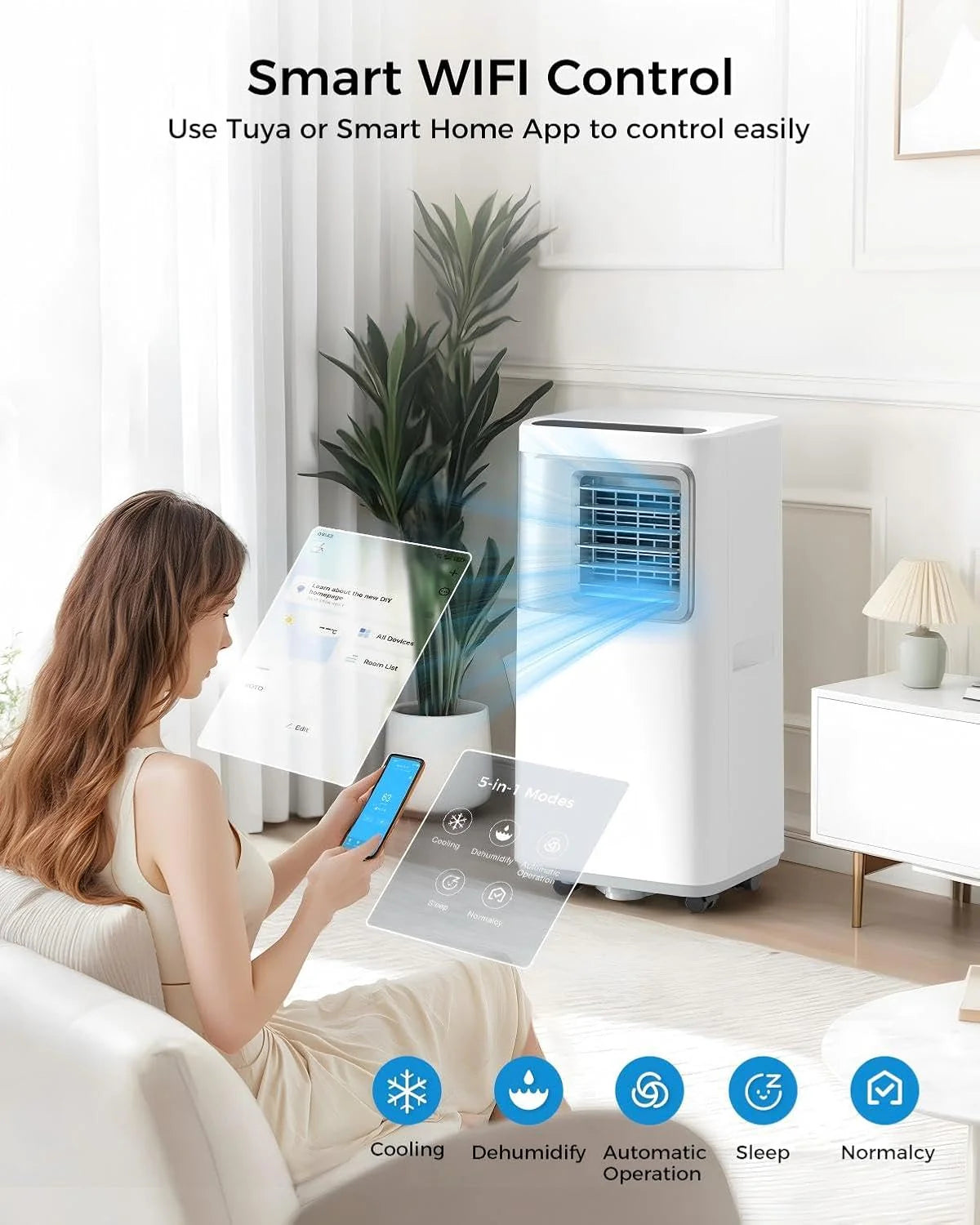 Portable-Air-Conditioners-16,000-Btu - AC Unit 5 in 1 Wifi Smart Air Conditioner with APP, Fan & Dehumidifier, Remote, 24H, Window Kits Included Drainage-free Cooling for Large Room Indoor