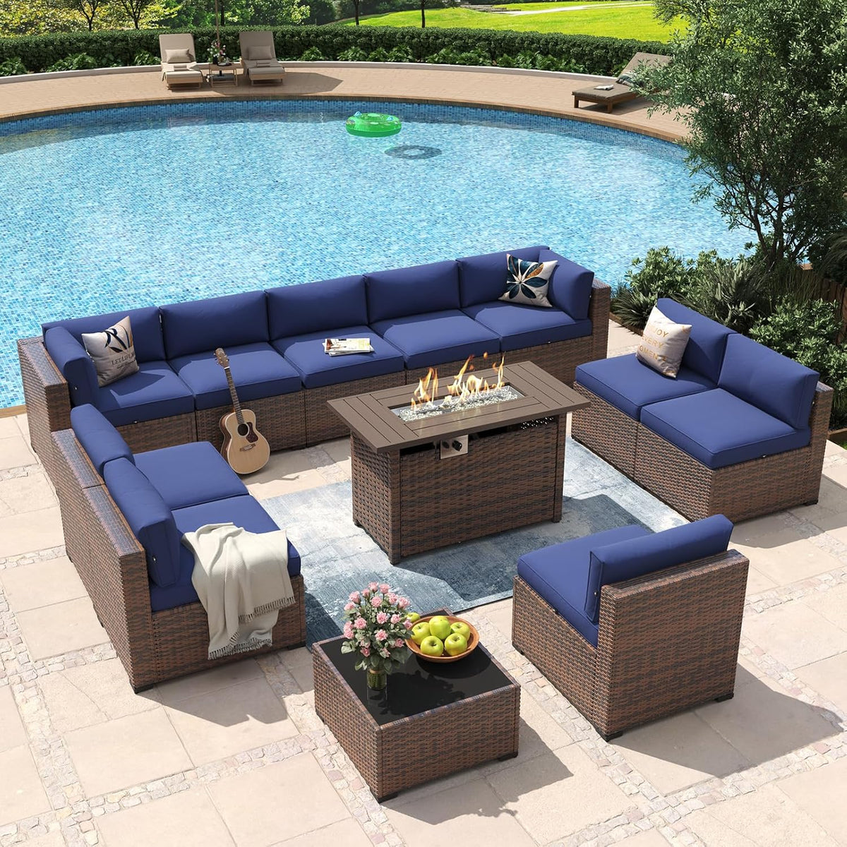 Aoxun 8 Piece Patio Furniture Set with 44?Fire Pit Table Wicker Rattan Outdoor Sectional Sofa Set with Coffee Table and Thickened Cushions, Beige (Waterproof Cover Included)