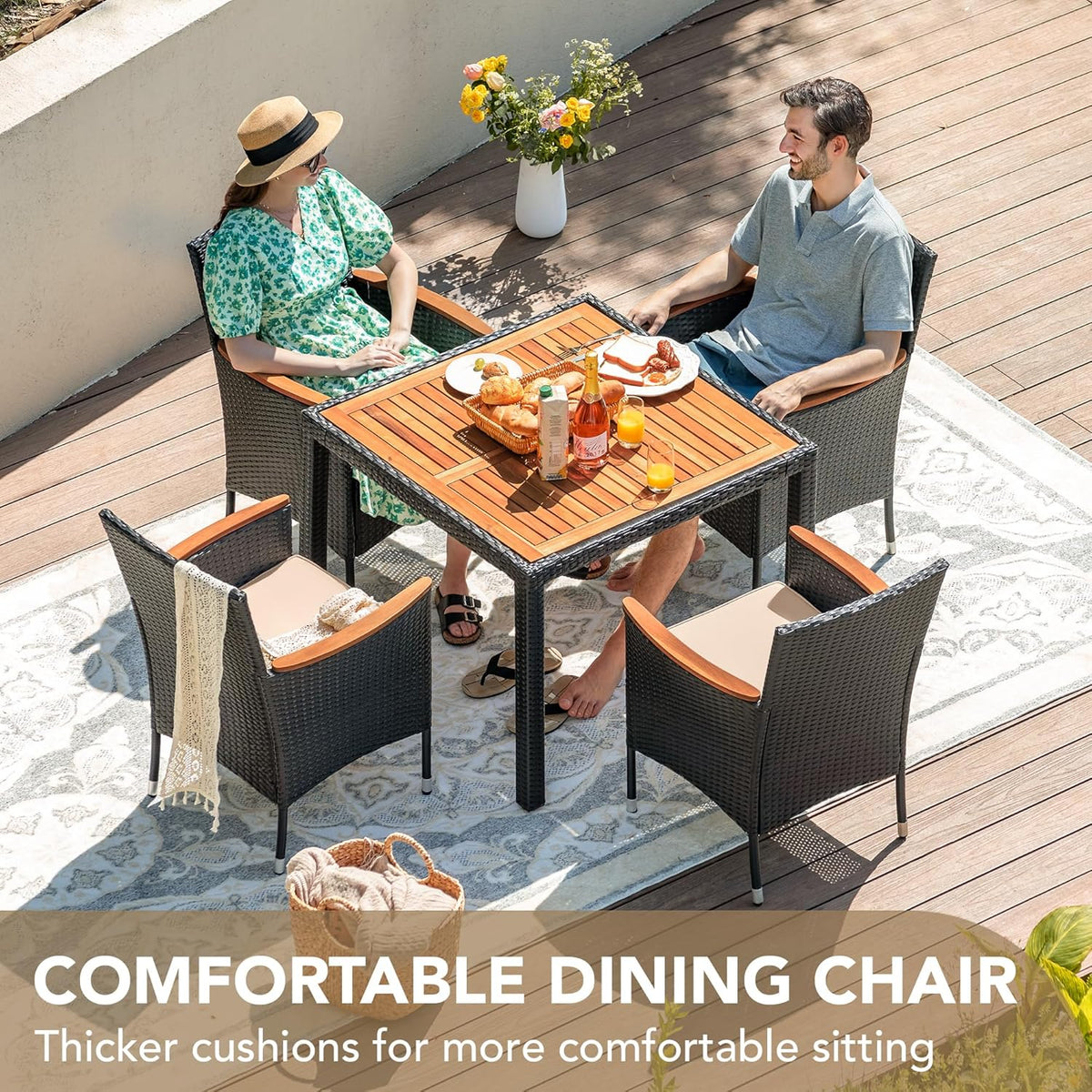Devoko Dining 7 PCS Furniture, Patio Conversation Set with Acacia Wood Table Top, Rattan Outdoor, Black