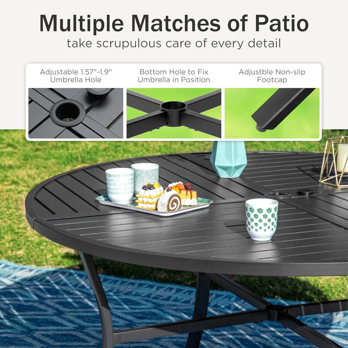 PHI VILLA 6-Piece Outdoor Dining Sets, All-Weather Patio Table and Chairs Set with Umbrella for 4, Heavy Duty Patio Round Table Set for Deck, 4 Extra Large Outdoor Swivel Chairs with Thick Cushions