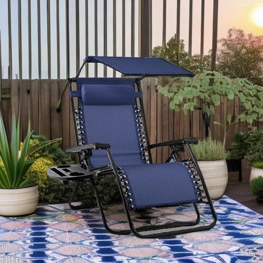 Best Choice Products Folding Zero Gravity Outdoor Recliner Patio Lounge Chair w/Adjustable Canopy Shade, Headrest, Side Accessory Tray, Textilene Mesh - Peacock Blue