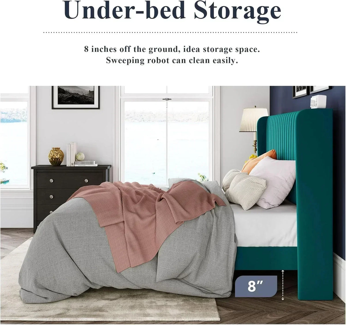 Allewie Full Size Velvet Bed Frame Vertical Channel Tufted Wingback Headboard Upholstered Bed